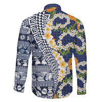 Hawaiian Plumeria Lei Family Matching Summer Maxi Dress and Hawaiian Shirt Kakau Motifs and Palaka Half Style Blue Color LT03 - Polynesian Pride