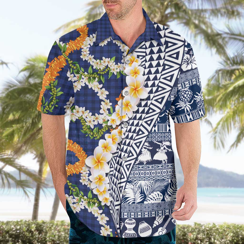 Hawaiian Plumeria Lei Hawaiian Shirt Kakau Motifs and Palaka Half Style Blue Color - Polynesian Pride