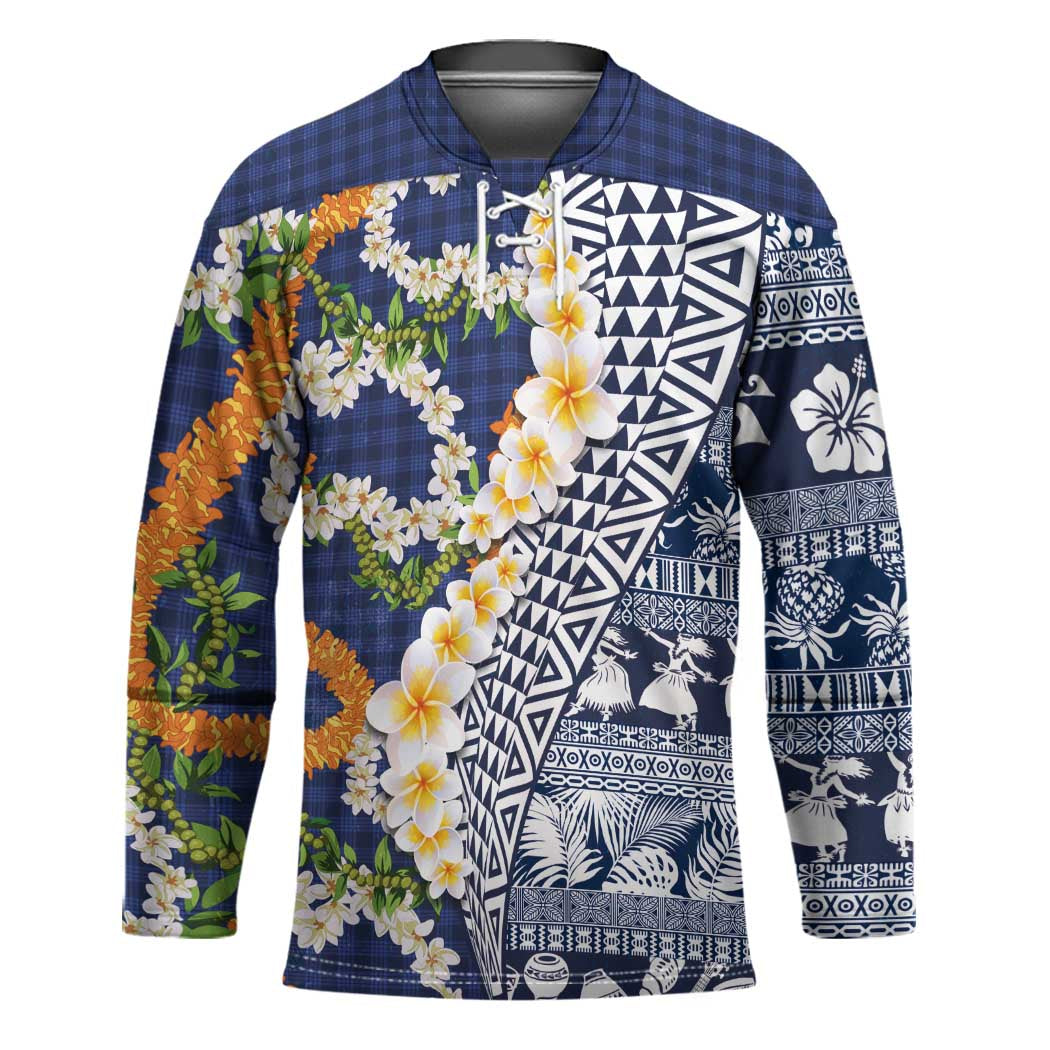 Hawaiian Plumeria Lei Hockey Jersey Kakau Motifs and Palaka Half Style Blue Color - Polynesian Pride