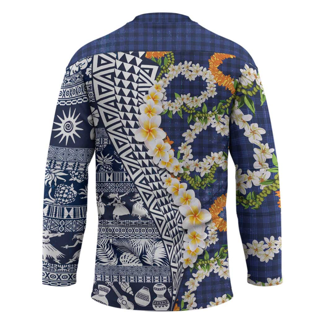 Hawaiian Plumeria Lei Hockey Jersey Kakau Motifs and Palaka Half Style Blue Color - Polynesian Pride