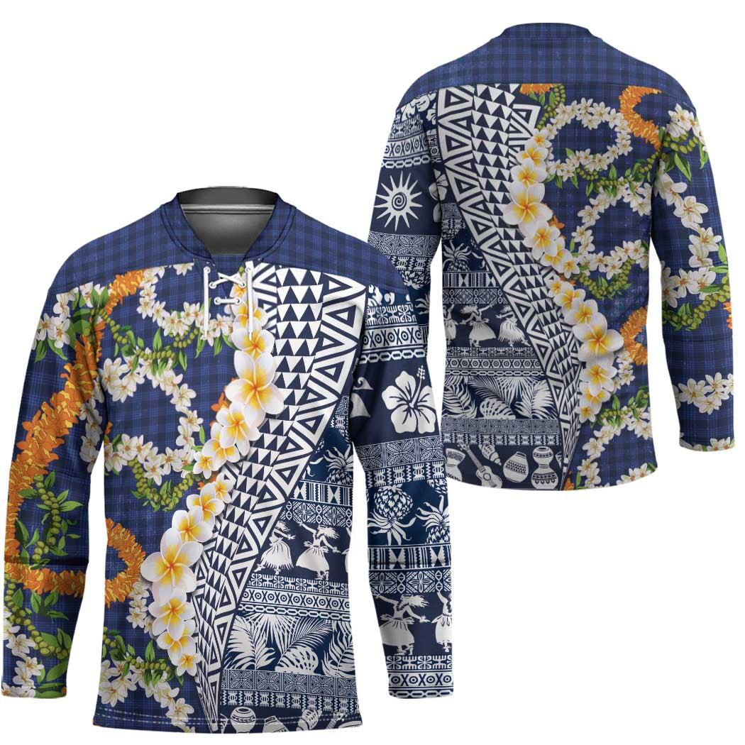 Hawaiian Plumeria Lei Hockey Jersey Kakau Motifs and Palaka Half Style Blue Color - Polynesian Pride