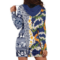 Hawaiian Plumeria Lei Hoodie Dress Kakau Motifs and Palaka Half Style Blue Color LT03 - Polynesian Pride