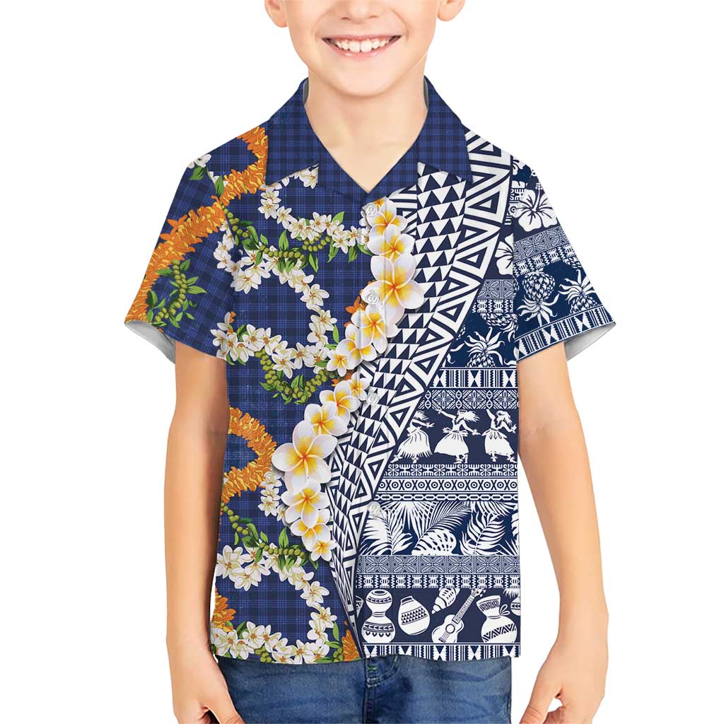 Hawaiian Plumeria Lei Kid Hawaiian Shirt Kakau Motifs and Palaka Half Style Blue Color - Polynesian Pride