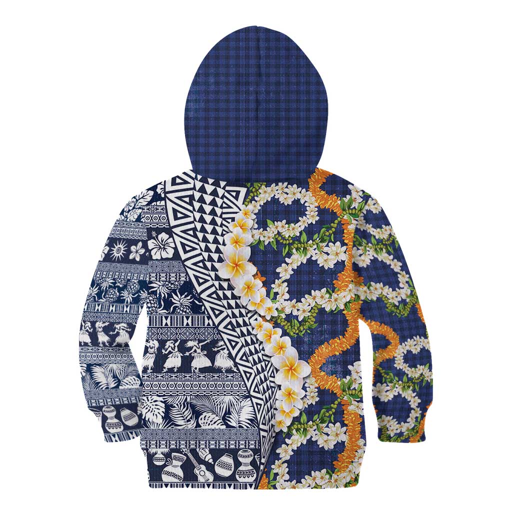 Hawaiian Plumeria Lei Kid Hoodie Kakau Motifs and Palaka Half Style Blue Color - Polynesian Pride