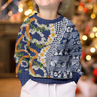 Hawaiian Plumeria Lei Kid Ugly Christmas Sweater Kakau Motifs and Palaka Half Style Blue Color - Polynesian Pride