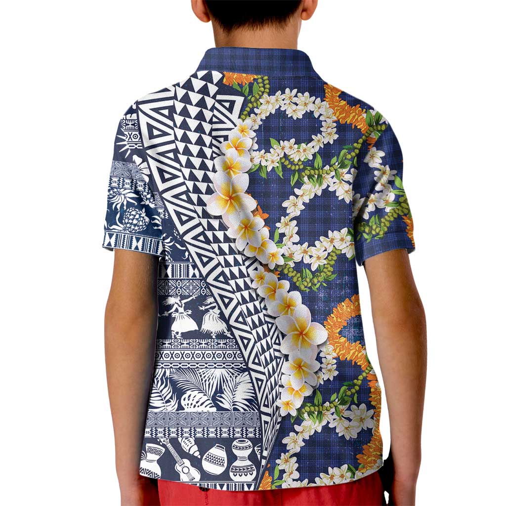 Hawaiian Plumeria Lei Kid Polo Shirt Kakau Motifs and Palaka Half Style Blue Color - Polynesian Pride
