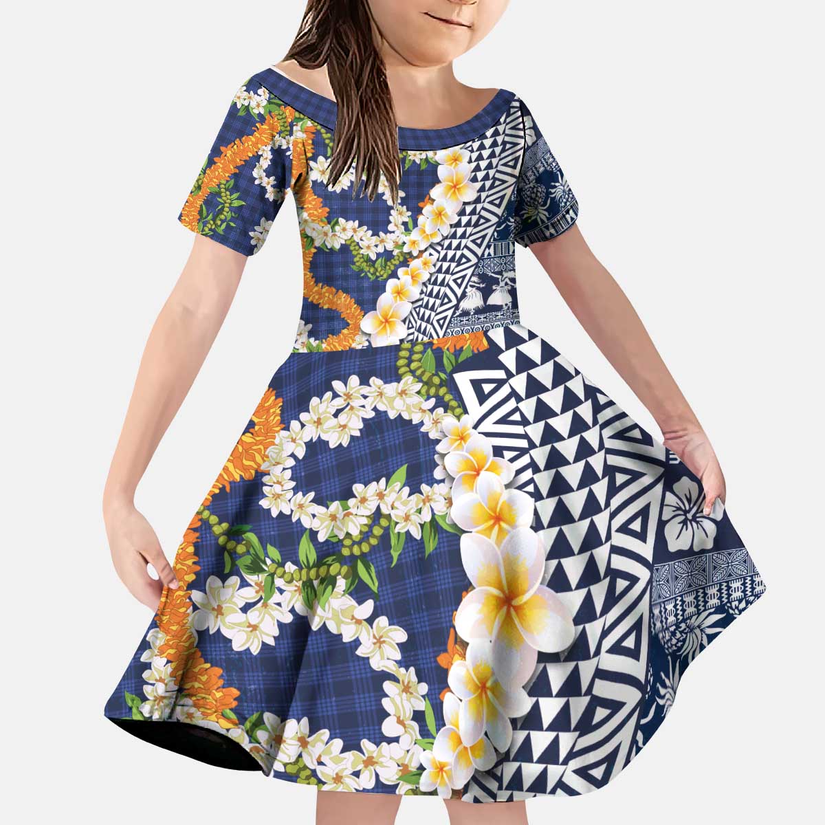 Hawaiian Plumeria Lei Kid Short Sleeve Dress Kakau Motifs and Palaka Half Style Blue Color - Polynesian Pride