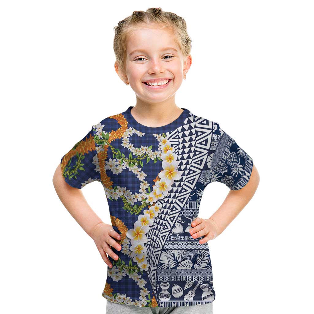 Hawaiian Plumeria Lei Kid T Shirt Kakau Motifs and Palaka Half Style Blue Color - Polynesian Pride