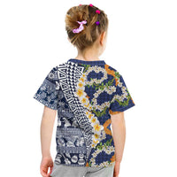 Hawaiian Plumeria Lei Kid T Shirt Kakau Motifs and Palaka Half Style Blue Color - Polynesian Pride