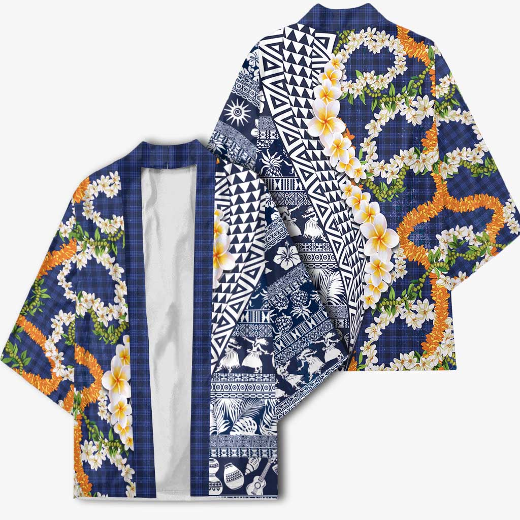 Hawaiian Plumeria Lei Kimono Kakau Motifs and Palaka Half Style Blue Color - Polynesian Pride