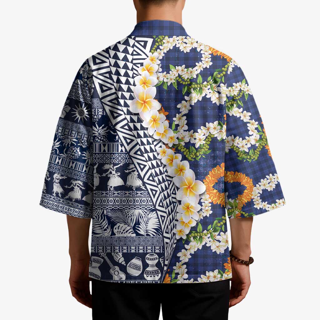 Hawaiian Plumeria Lei Kimono Kakau Motifs and Palaka Half Style Blue Color - Polynesian Pride