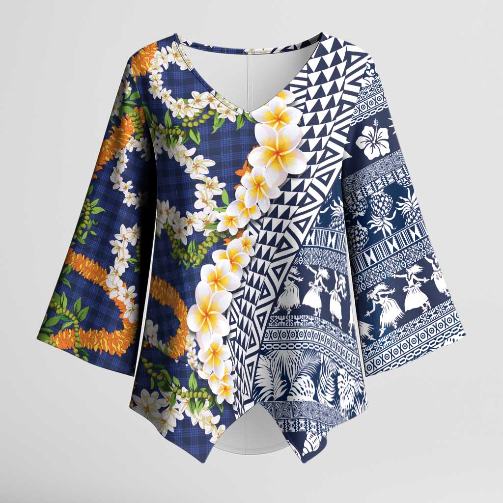 Hawaiian Plumeria Lei Kimono Sleeve Blouse Kakau Motifs and Palaka Half Style Blue Color - Polynesian Pride