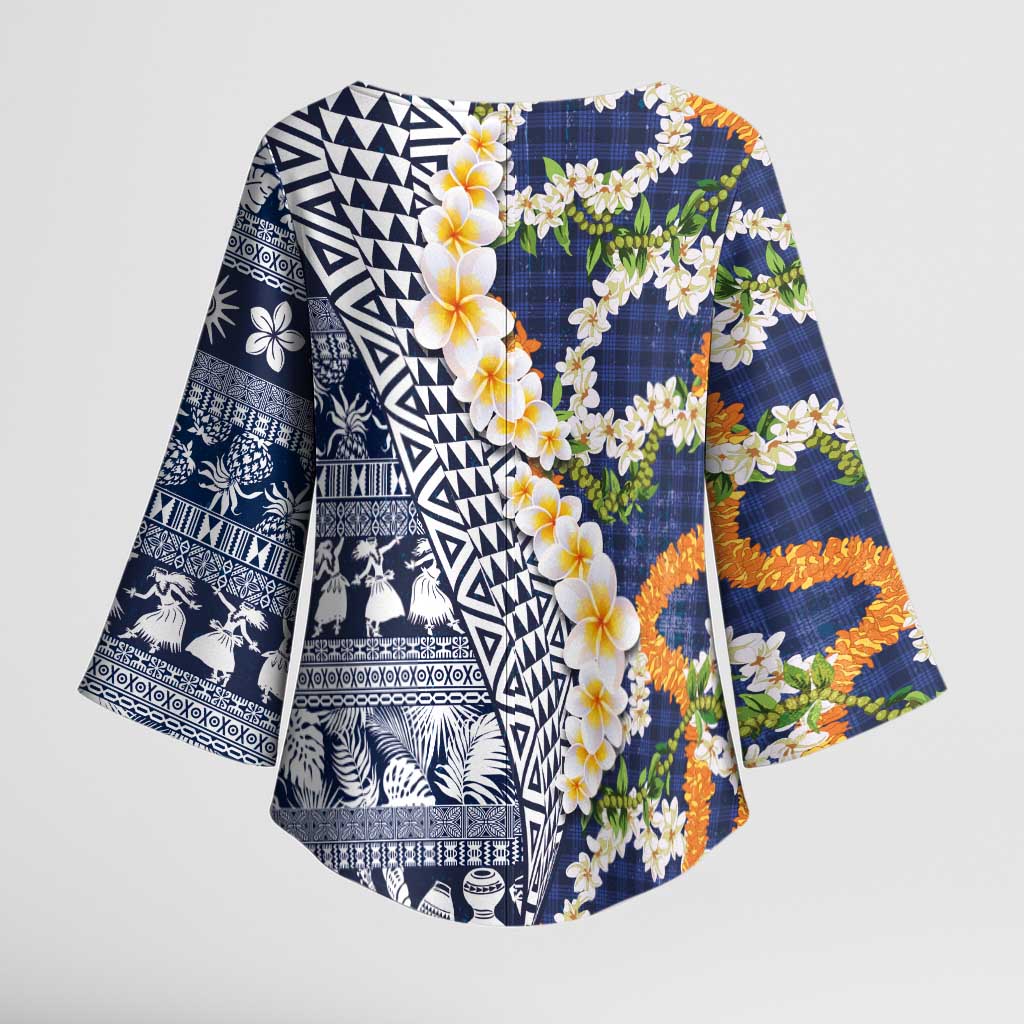 Hawaiian Plumeria Lei Kimono Sleeve Blouse Kakau Motifs and Palaka Half Style Blue Color - Polynesian Pride