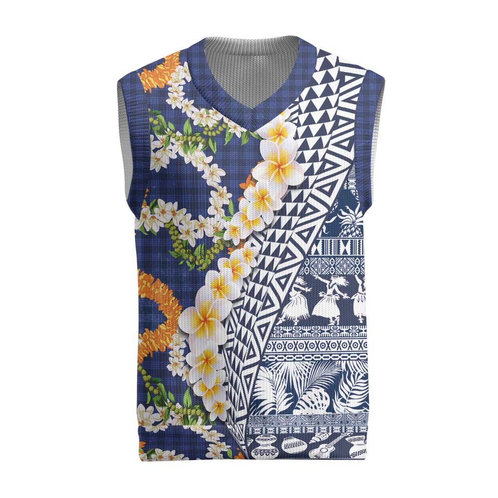 Hawaiian Plumeria Lei Christmas Knitted V-Neck Vest Kakau Motifs and Palaka Half Style Blue Color - Polynesian Pride
