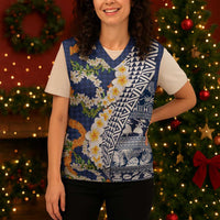 Hawaiian Plumeria Lei Christmas Knitted V-Neck Vest Kakau Motifs and Palaka Half Style Blue Color LT03 - Polynesian Pride