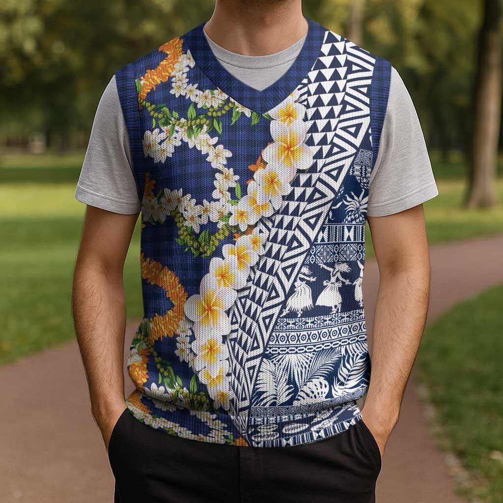 Hawaiian Plumeria Lei Christmas Knitted V-Neck Vest Kakau Motifs and Palaka Half Style Blue Color LT03 - Polynesian Pride