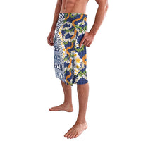 Hawaiian Plumeria Lei Lavalava Kakau Motifs and Palaka Half Style Blue Color - Polynesian Pride