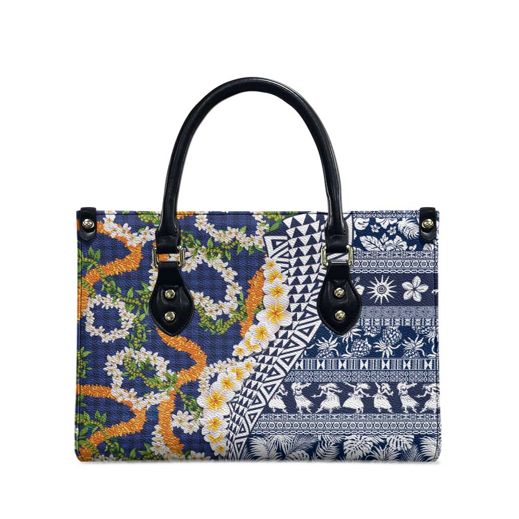 Hawaiian Plumeria Lei Leather Bag Kakau Motifs and Palaka Half Style Blue Color - Polynesian Pride