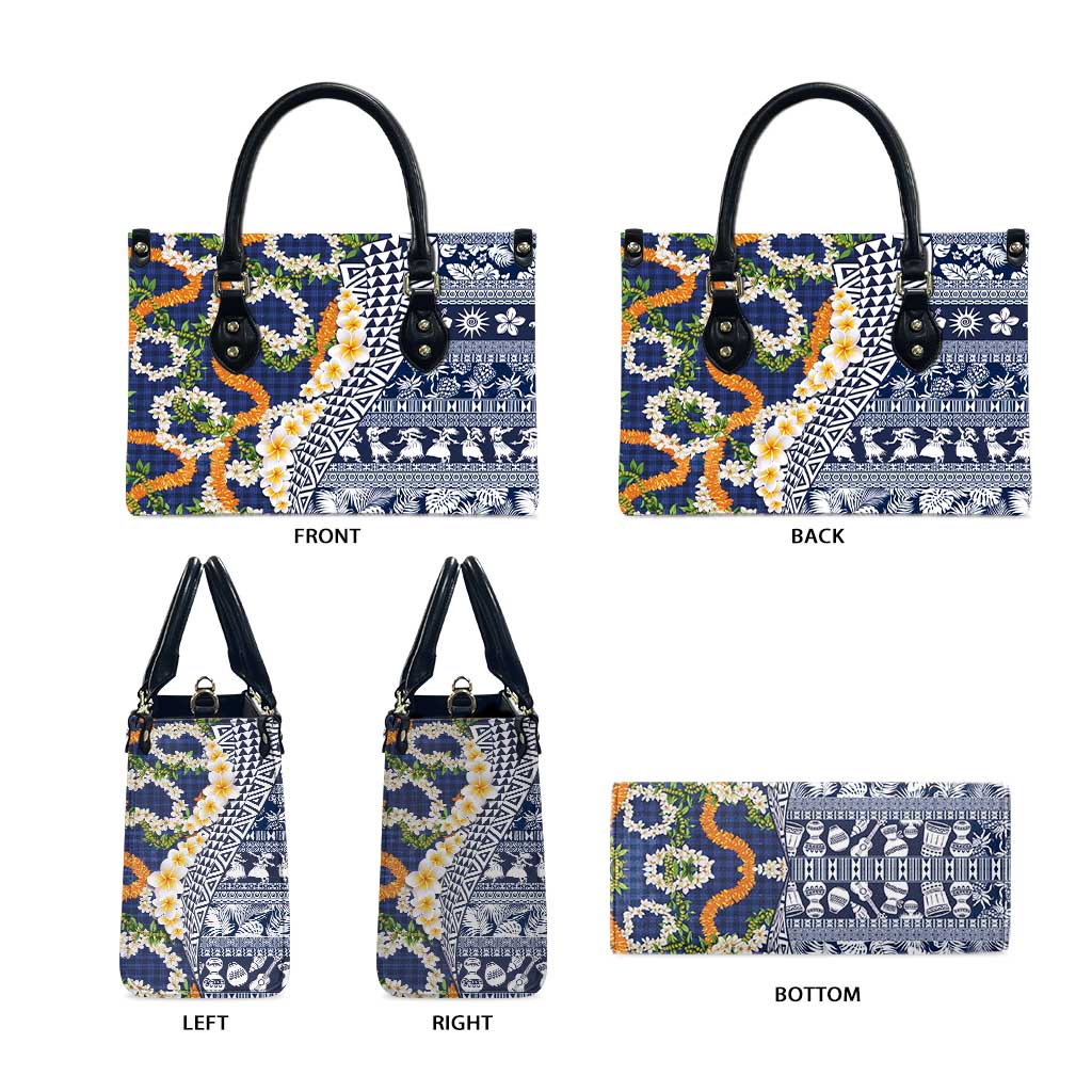 Hawaiian Plumeria Lei Leather Bag Kakau Motifs and Palaka Half Style Blue Color - Polynesian Pride
