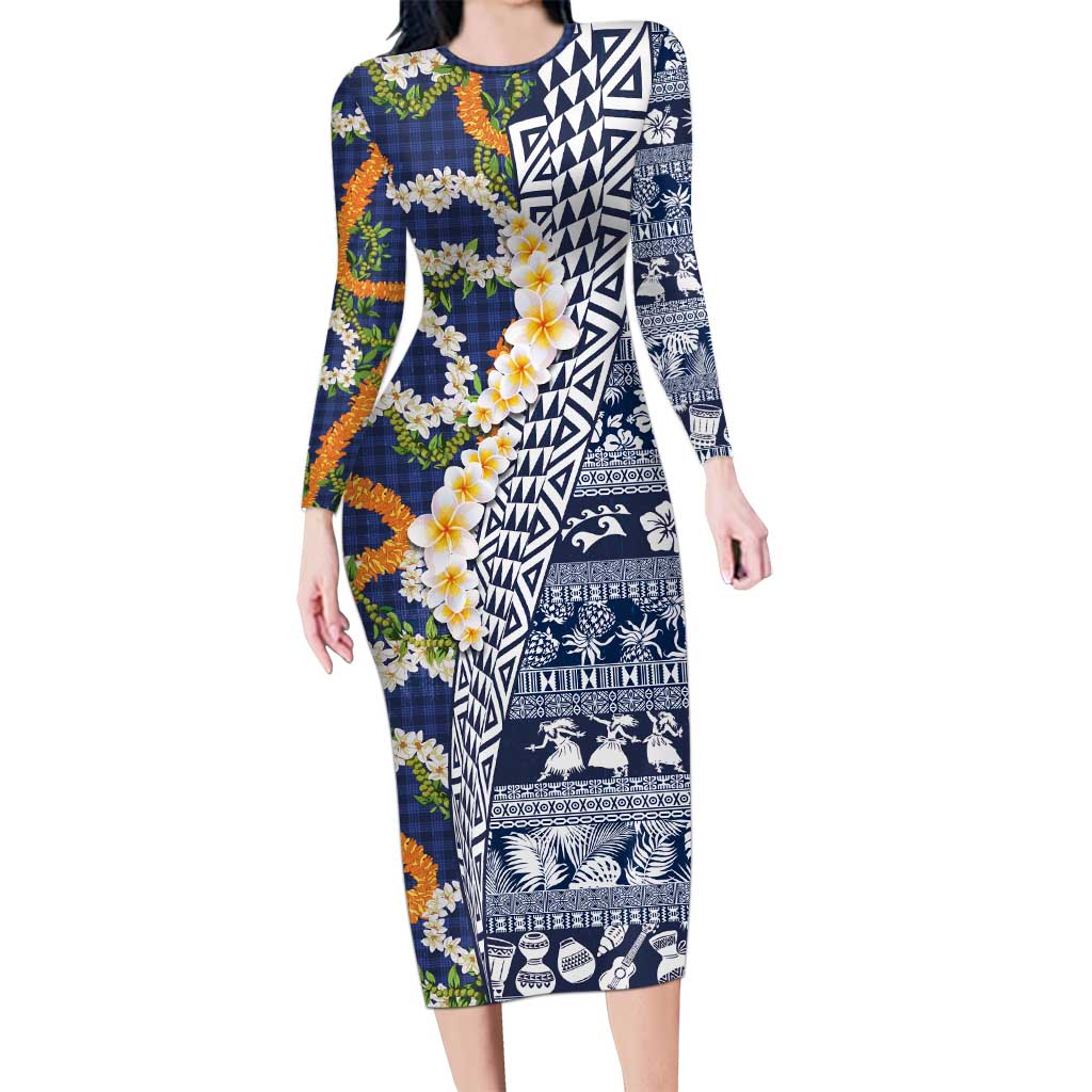 Hawaiian Plumeria Lei Long Sleeve Bodycon Dress Kakau Motifs and Palaka Half Style Blue Color LT03 Long Dress Blue - Polynesian Pride