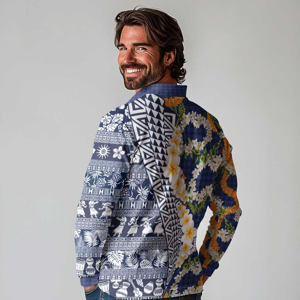 Hawaiian Plumeria Lei Long Sleeve Polo Shirt Kakau Motifs and Palaka Half Style Blue Color - Polynesian Pride
