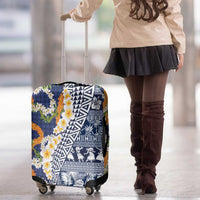 Hawaiian Plumeria Lei Luggage Cover Kakau Motifs and Palaka Half Style Blue Color - Polynesian Pride