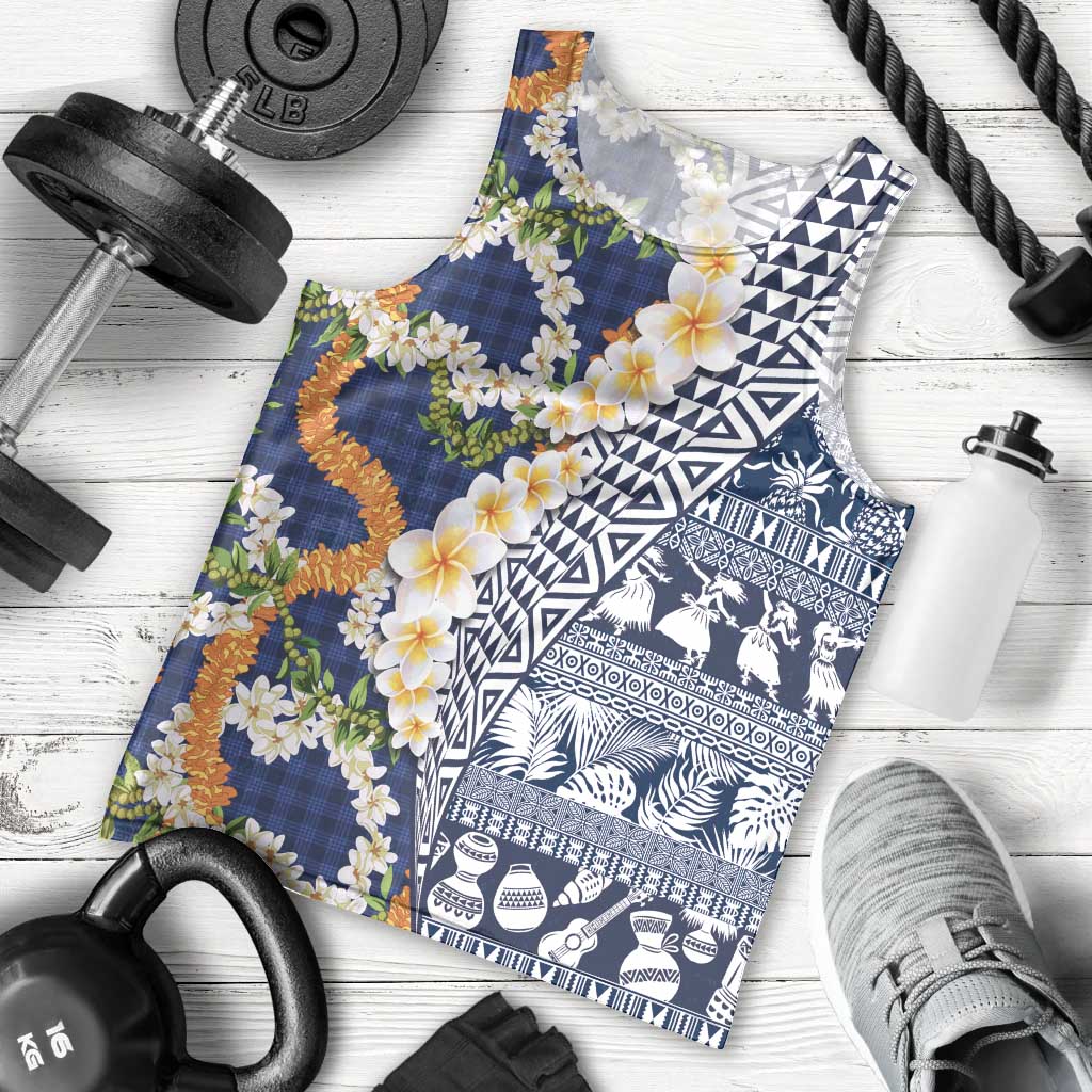Hawaiian Plumeria Lei Men Tank Top Kakau Motifs and Palaka Half Style Blue Color - Polynesian Pride