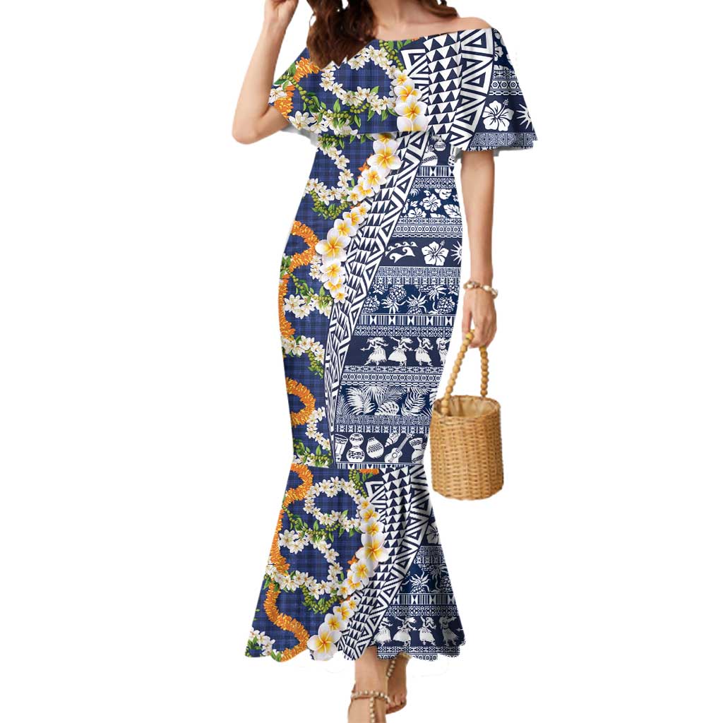 Hawaiian Plumeria Lei Mermaid Dress Kakau Motifs and Palaka Half Style Blue Color - Polynesian Pride