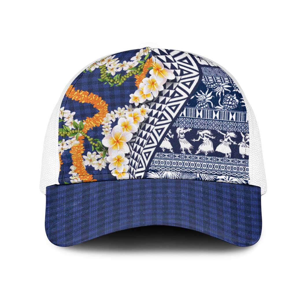 Hawaiian Plumeria Lei Mesh Trucker Cap Kakau Motifs and Palaka Half Style Blue Color - Polynesian Pride