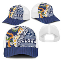 Hawaiian Plumeria Lei Mesh Trucker Cap Kakau Motifs and Palaka Half Style Blue Color - Polynesian Pride