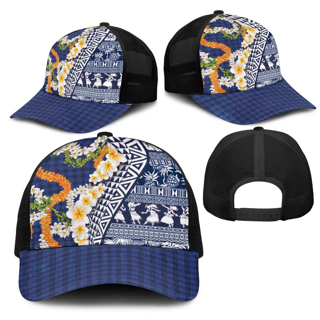 Hawaiian Plumeria Lei Mesh Trucker Cap Kakau Motifs and Palaka Half Style Blue Color - Polynesian Pride