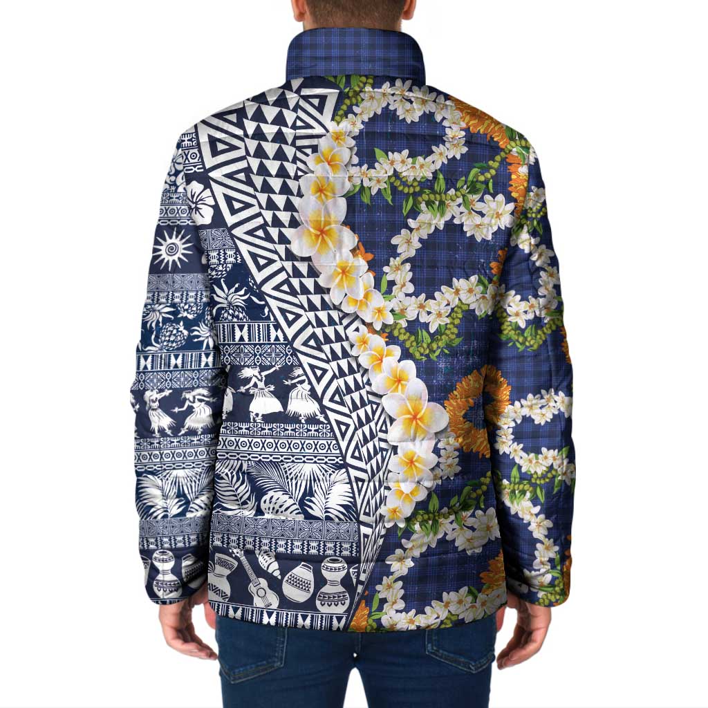 Hawaiian Plumeria Lei Padded Jacket Kakau Motifs and Palaka Half Style Blue Color - Polynesian Pride