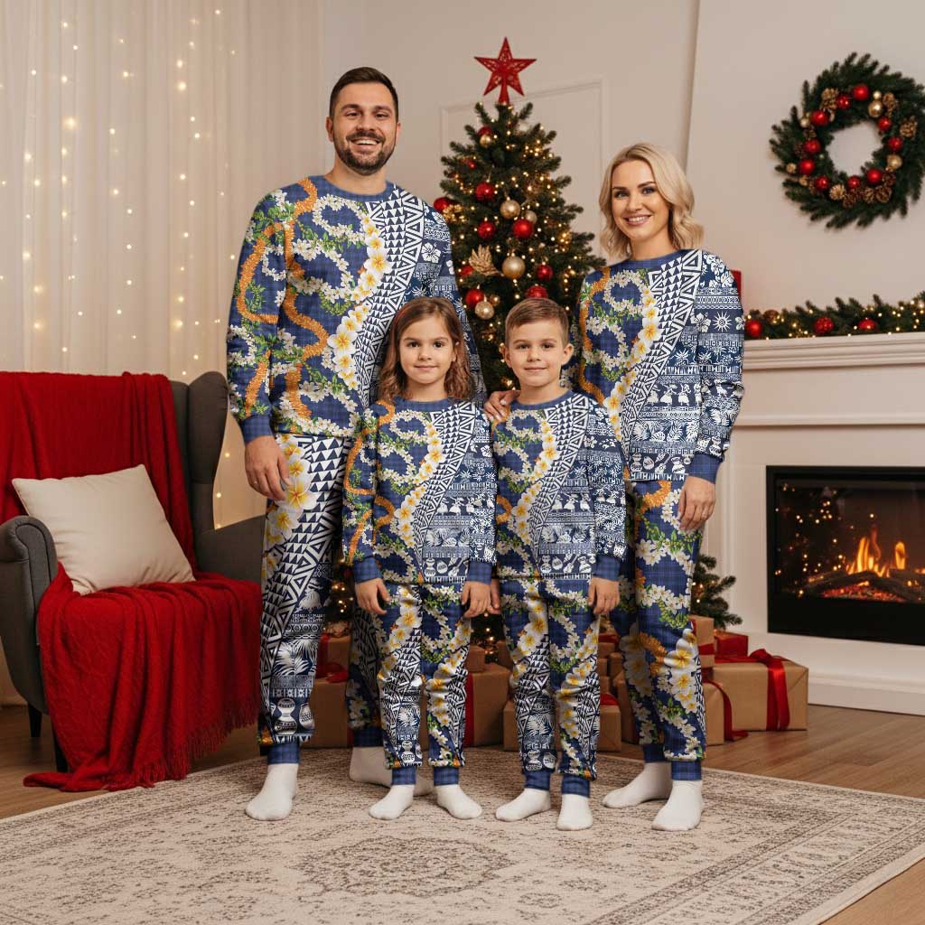 Hawaiian Plumeria Lei Christmas Pajama Set Kakau Motifs and Palaka Half Style Blue Color - Polynesian Pride