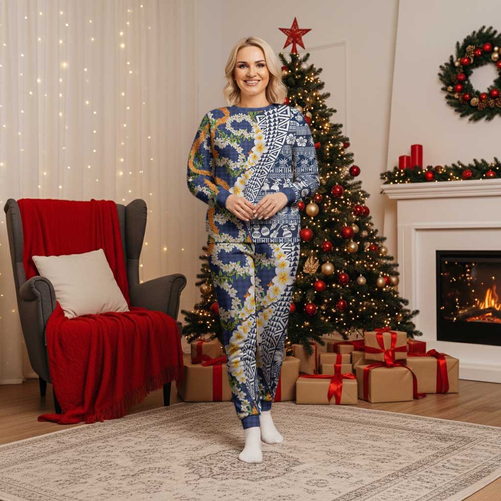 Hawaiian Plumeria Lei Christmas Pajama Set Kakau Motifs and Palaka Half Style Blue Color - Polynesian Pride