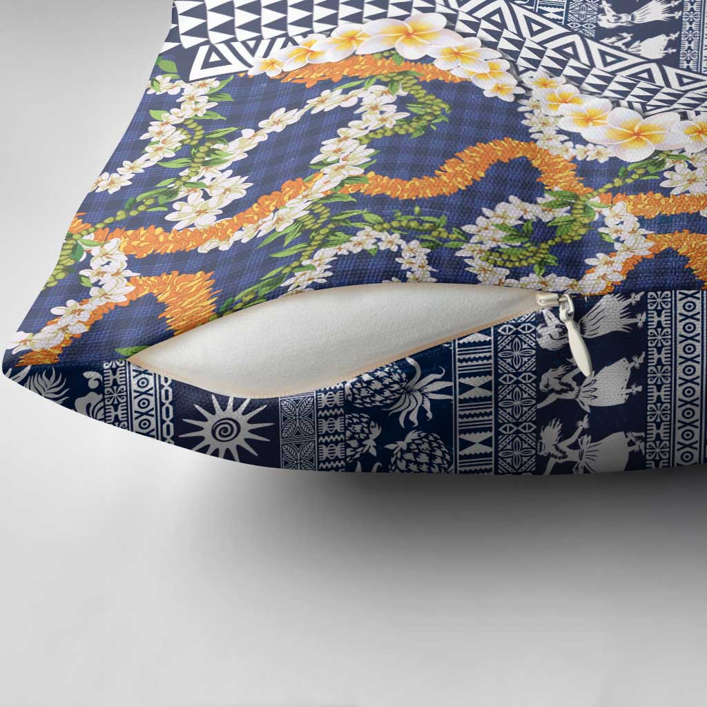 Hawaiian Plumeria Lei Pillow Cover Kakau Motifs and Palaka Half Style Blue Color - Polynesian Pride