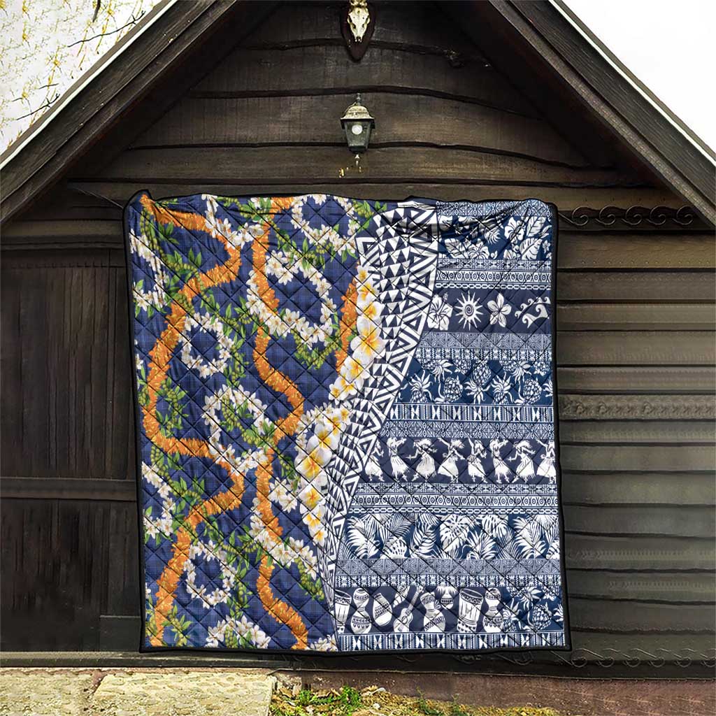 Hawaiian Plumeria Lei Quilt Kakau Motifs and Palaka Half Style Blue Color - Polynesian Pride