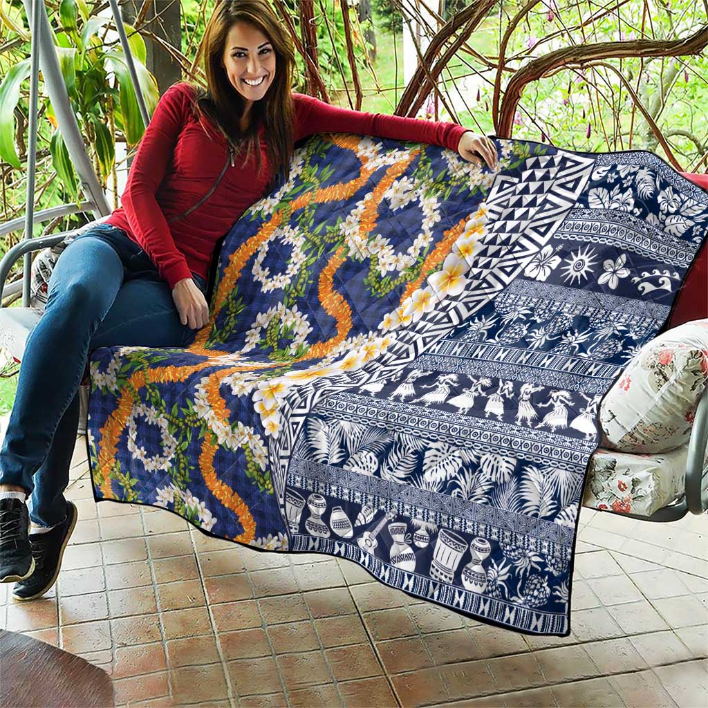 Hawaiian Plumeria Lei Quilt Kakau Motifs and Palaka Half Style Blue Color - Polynesian Pride