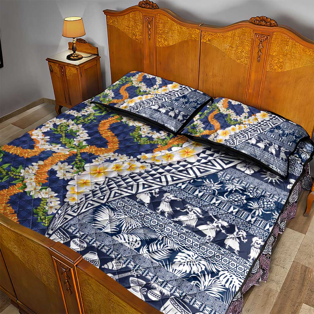 Hawaiian Plumeria Lei Quilt Bed Set Kakau Motifs and Palaka Half Style Blue Color LT03 - Polynesian Pride
