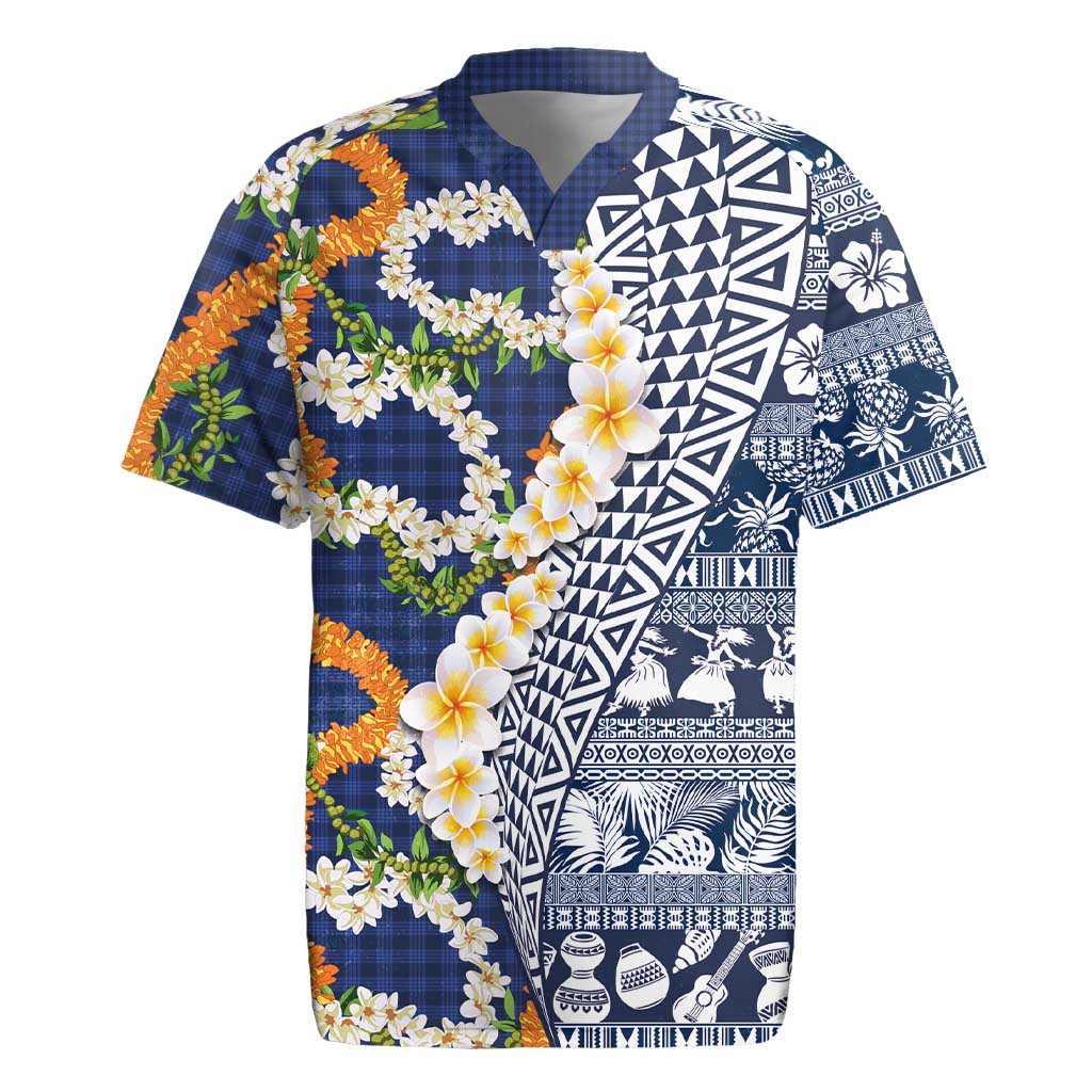 Hawaiian Plumeria Lei Rugby Jersey Kakau Motifs and Palaka Half Style Blue Color - Polynesian Pride