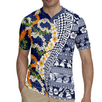 Hawaiian Plumeria Lei Rugby Jersey Kakau Motifs and Palaka Half Style Blue Color - Polynesian Pride