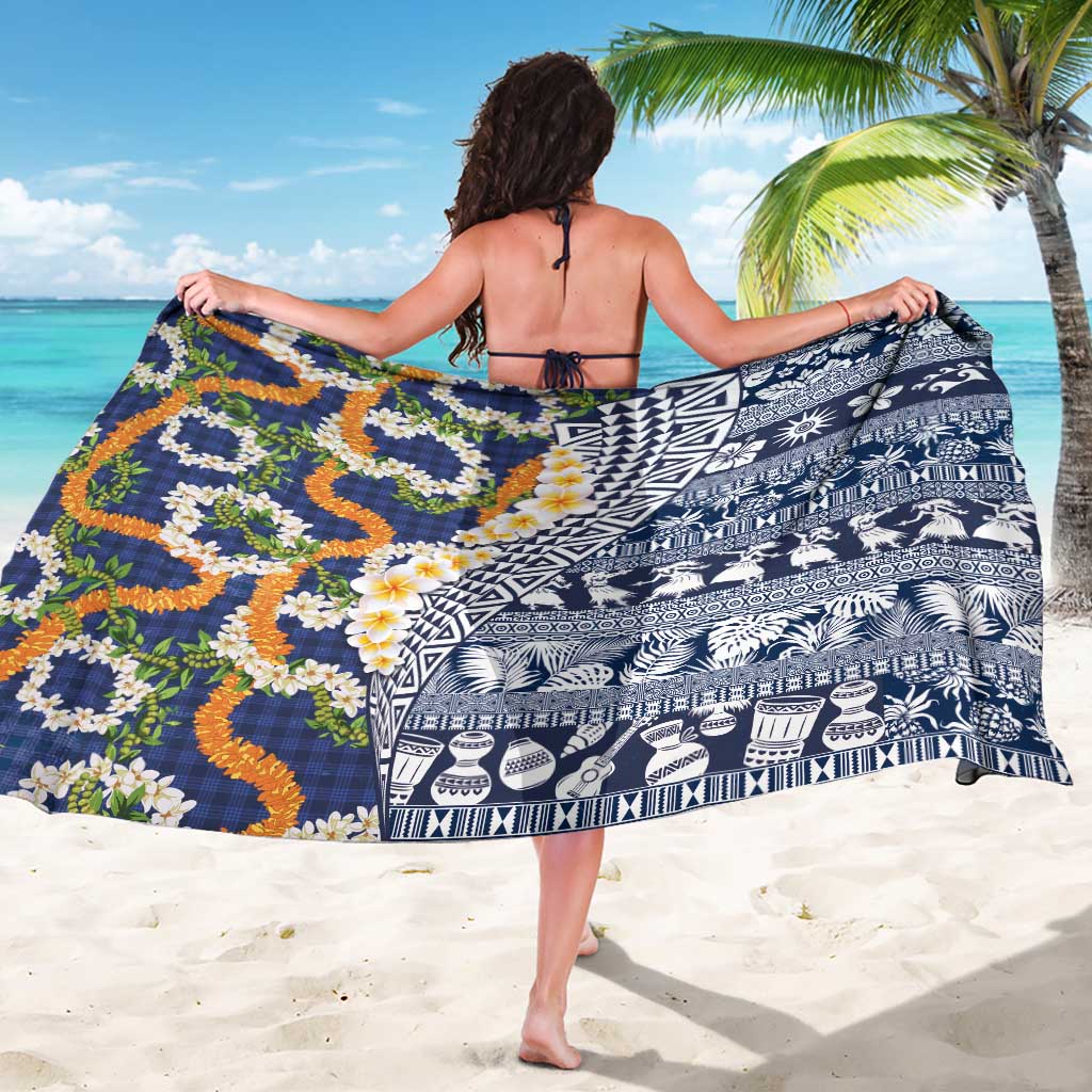 Hawaiian Plumeria Lei Sarong Kakau Motifs and Palaka Half Style Blue Color LT03 - Polynesian Pride