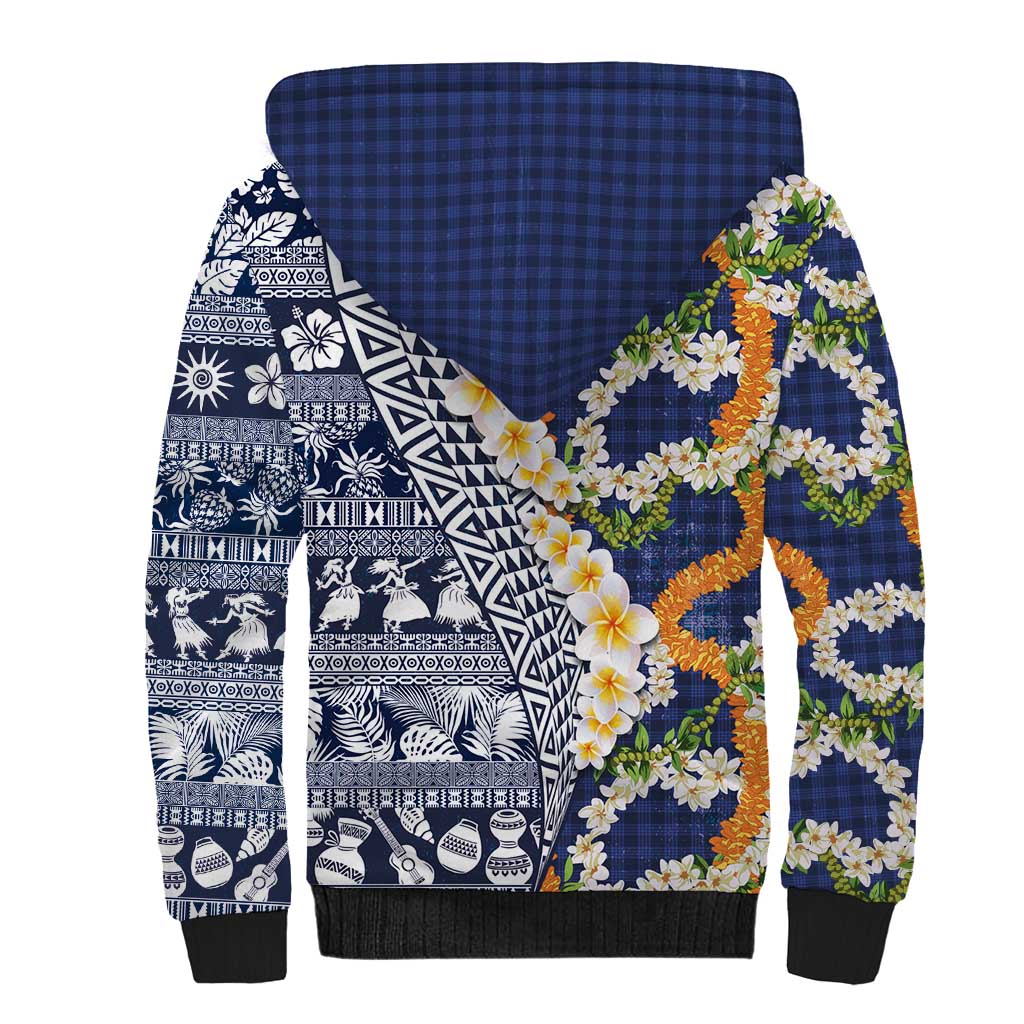 Hawaiian Plumeria Lei Sherpa Hoodie Kakau Motifs and Palaka Half Style Blue Color - Polynesian Pride
