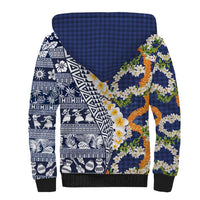 Hawaiian Plumeria Lei Sherpa Hoodie Kakau Motifs and Palaka Half Style Blue Color - Polynesian Pride
