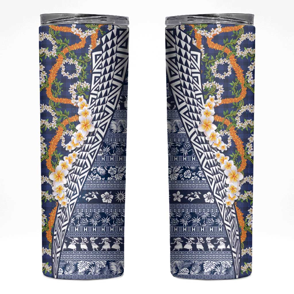 Hawaiian Plumeria Lei Skinny Tumbler Kakau Motifs and Palaka Half Style Blue Color LT03 Blue - Polynesian Pride