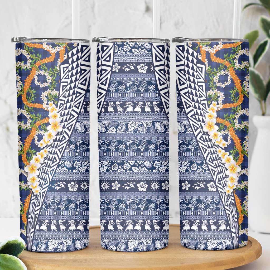Hawaiian Plumeria Lei Skinny Tumbler Kakau Motifs and Palaka Half Style Blue Color LT03 - Polynesian Pride