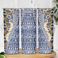 Hawaiian Plumeria Lei Skinny Tumbler Kakau Motifs and Palaka Half Style Blue Color LT03 - Polynesian Pride