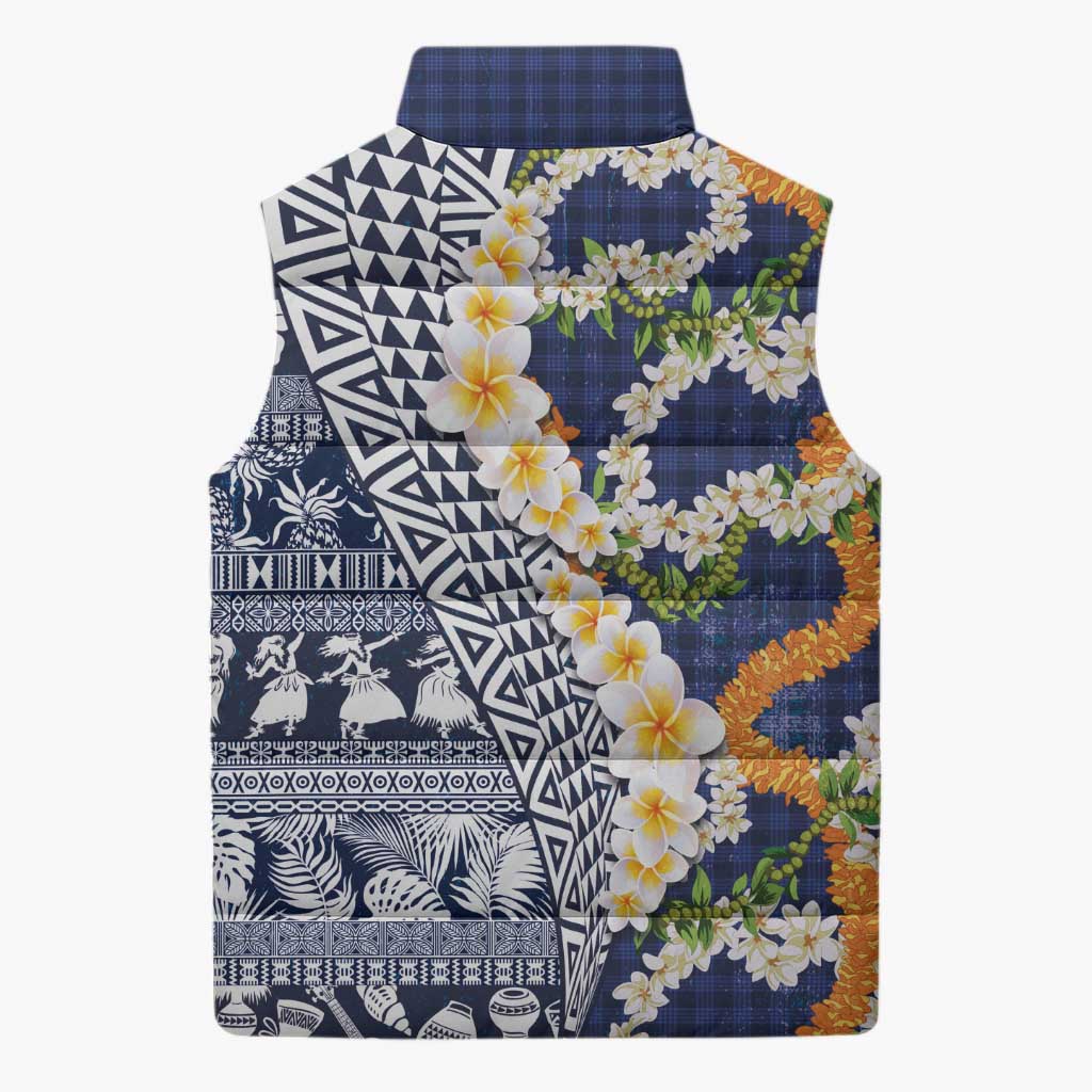 Hawaiian Plumeria Lei Sleeveless Puffer Jacket Kakau Motifs and Palaka Half Style Blue Color - Polynesian Pride