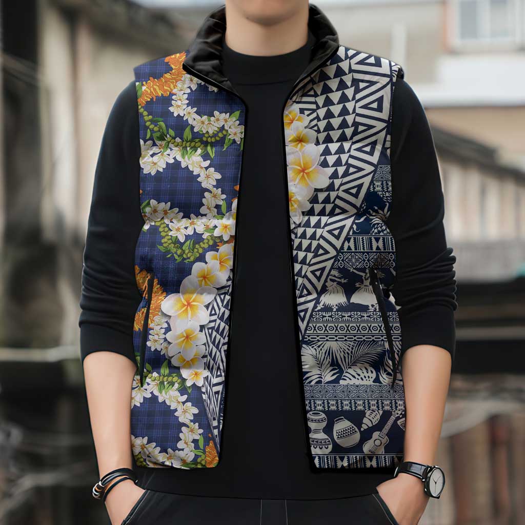 Hawaiian Plumeria Lei Sleeveless Puffer Jacket Kakau Motifs and Palaka Half Style Blue Color - Polynesian Pride