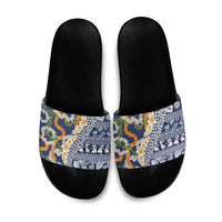 Hawaiian Plumeria Lei Slide Sandals Kakau Motifs and Palaka Half Style Blue Color - Polynesian Pride