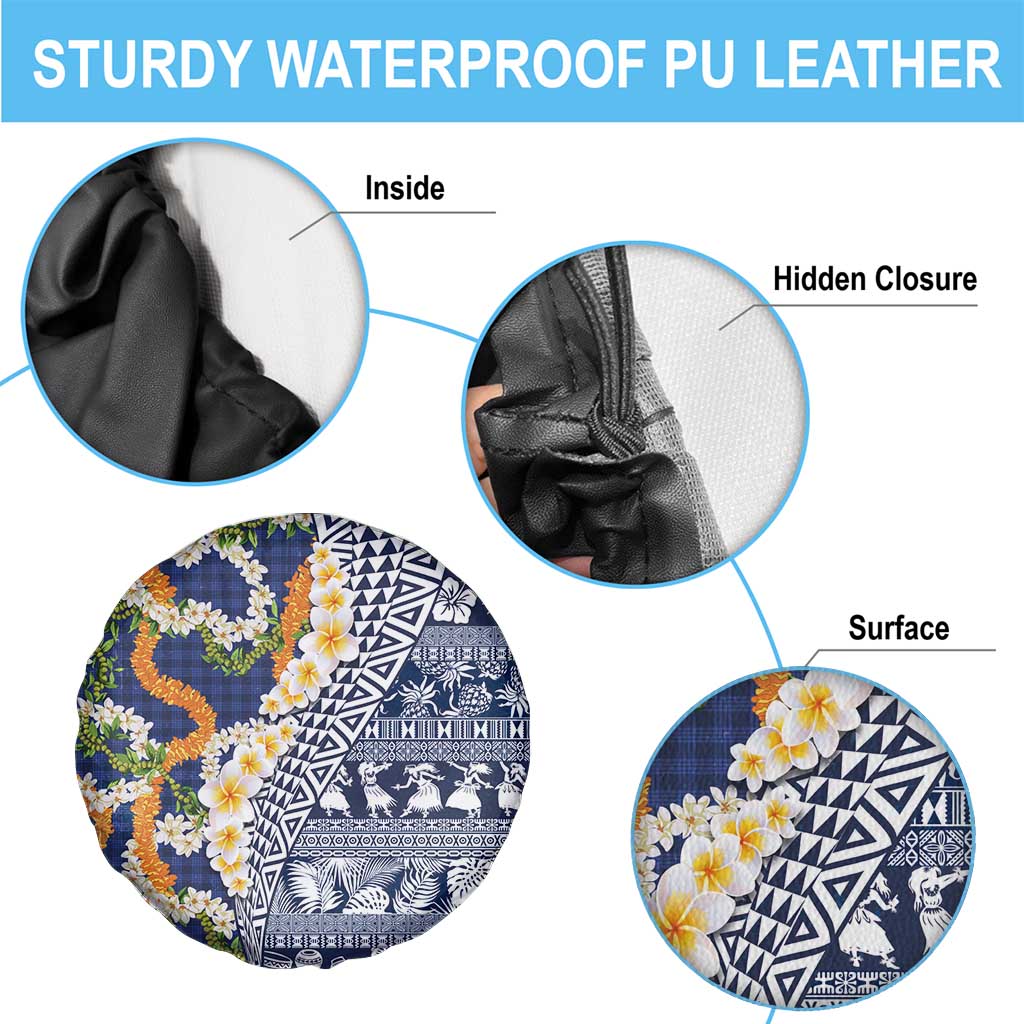 Hawaiian Plumeria Lei Spare Tire Cover Kakau Motifs and Palaka Half Style Blue Color - Polynesian Pride